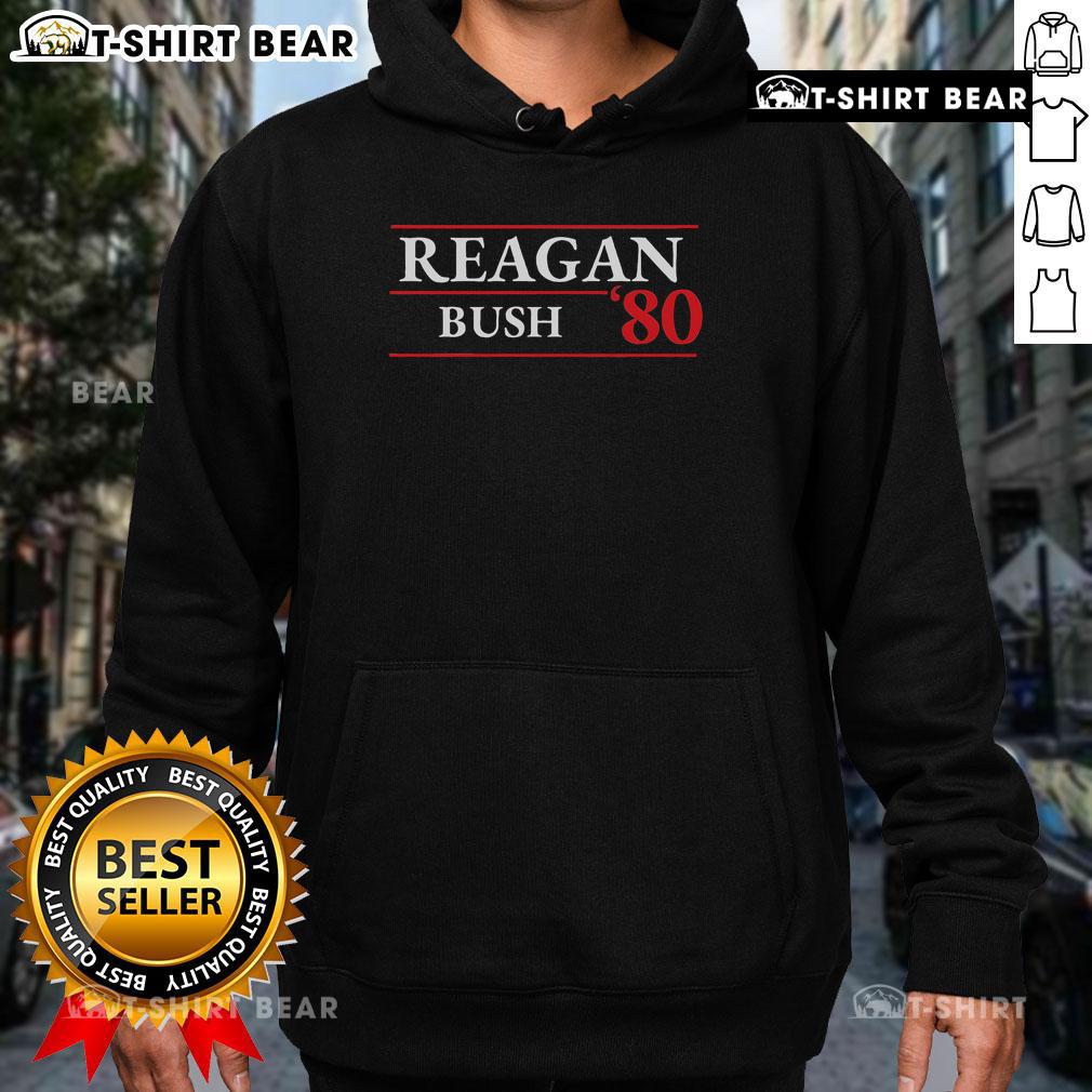Official Reagan Bush 1980 Presidential Election hoodie featuring vintage campaign graphics and patriotic colors.