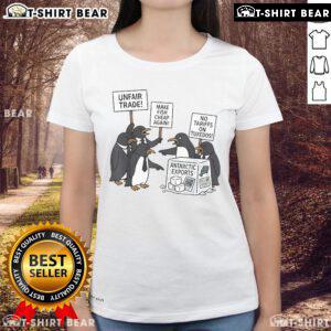 Women in 'Make Fish Cheap Again' tees protest against tariffs on Antarctic exports, highlighting unfair trade issues.