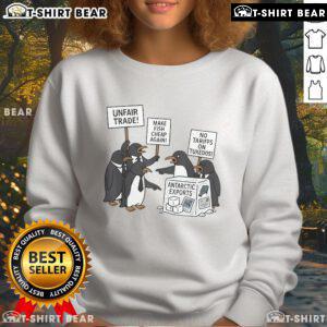Protest sweatshirt reading 'Make Fish Cheap Again' opposing tariffs on Antarctic exports, promoting unfair trade awareness.