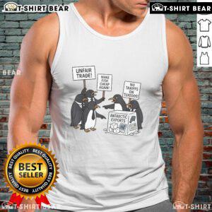 Protest tank top featuring 'Make Fish Cheap Again' slogan against tariffs on Antarctic exports, promoting unfair trade awareness.