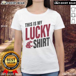 Alt Text: Official Washington State Cougars This Is My Lucky Ladies Tee in vibrant red, perfect for game day and fan apparel.