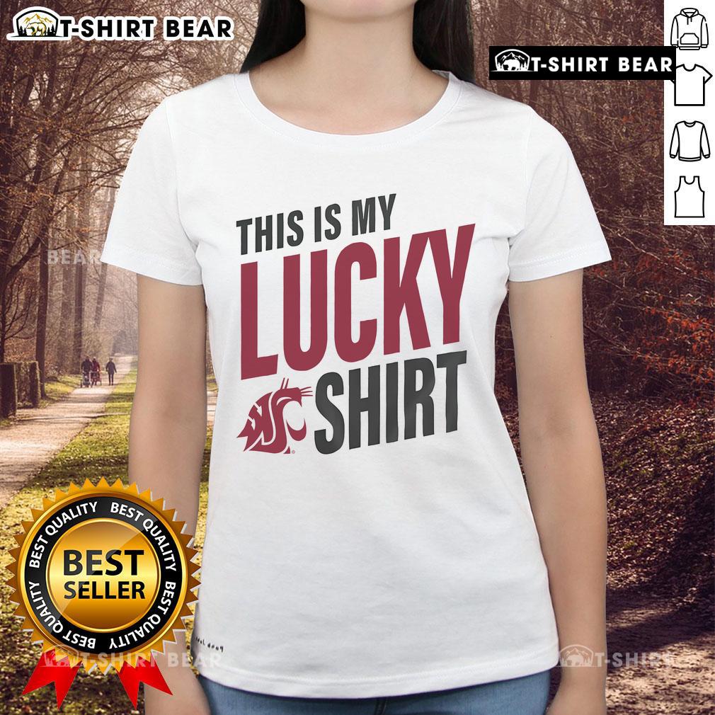 Alt Text: Official Washington State Cougars This Is My Lucky Ladies Tee in vibrant red, perfect for game day and fan apparel.