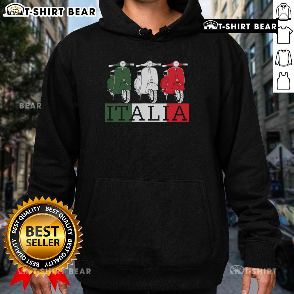 Premium Italy hoodie featuring Italian flag and Vespa moped design for stylish scooter riders and souvenir collectors.