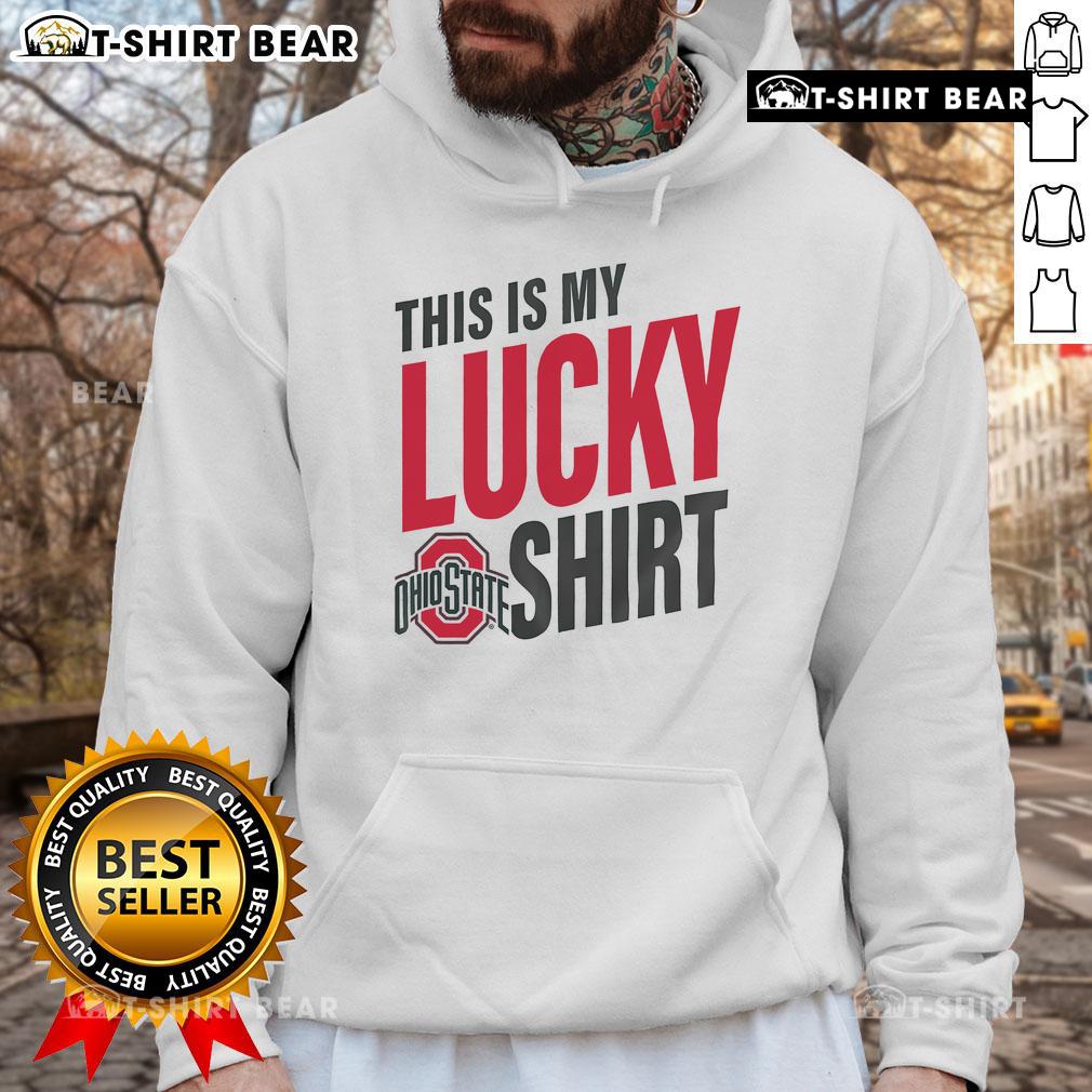 Premium Ohio State Buckeyes hoodie with 'This Is My Lucky Hoodie' text, perfect for fans and game day wear.