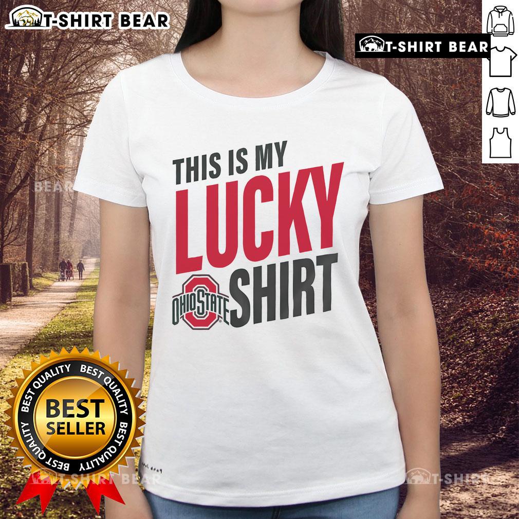 Premium Ohio State Buckeyes This Is My Lucky Ladies Tee in red with logo, perfect for game day or casual wear.