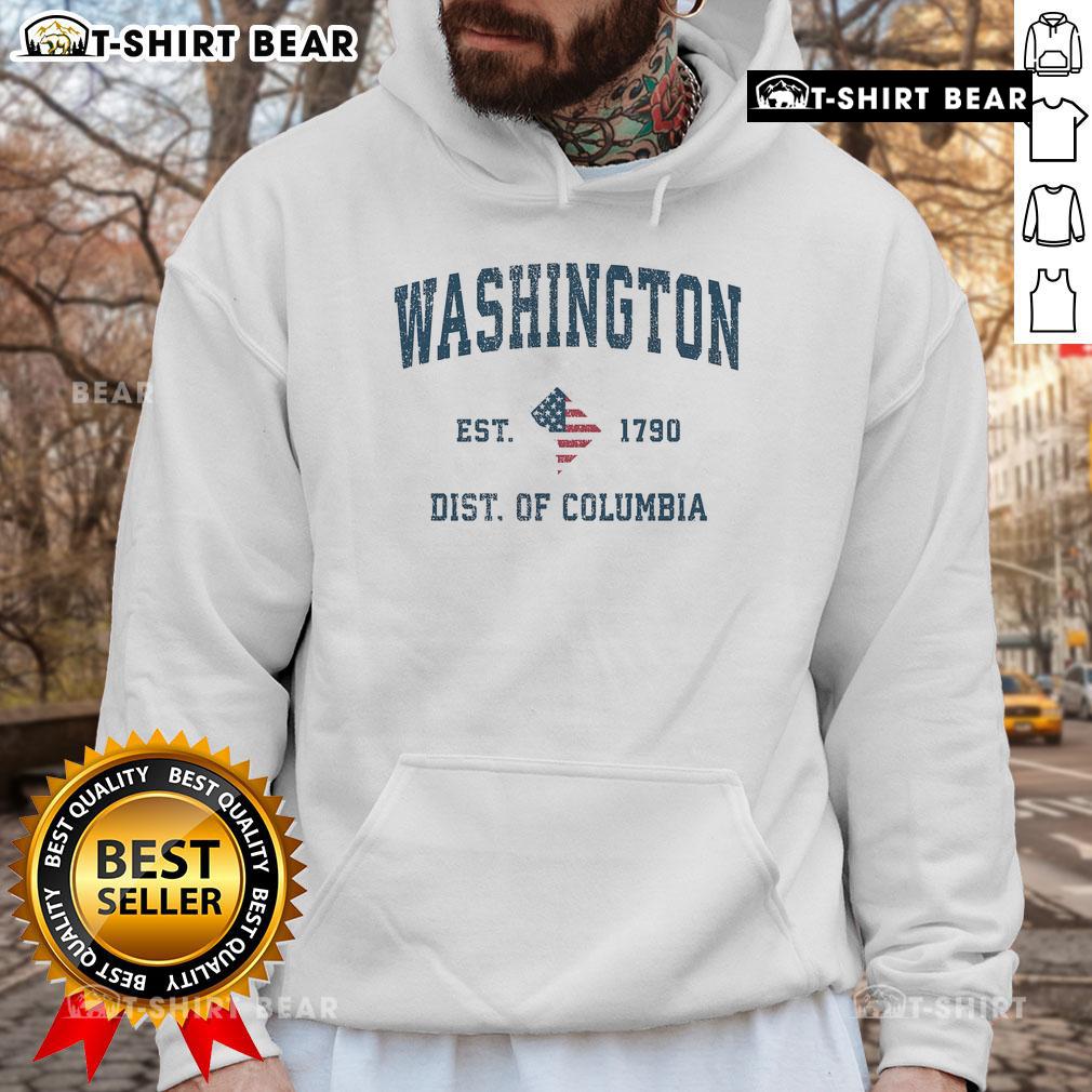 Premium Washington DC Vintage American Flag USA Est 1790 Hoodie featuring a classic design and patriotic colors.