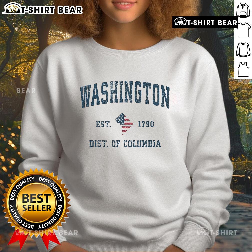 Premium Washington DC vintage American flag sweatshirt, USA established 1790, showcasing classic patriotic design.