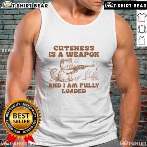 Cute cat tank top featuring the phrase Pretty Cuteness Is A Weapon And I Am Fully Loaded. Perfect for cat lovers!