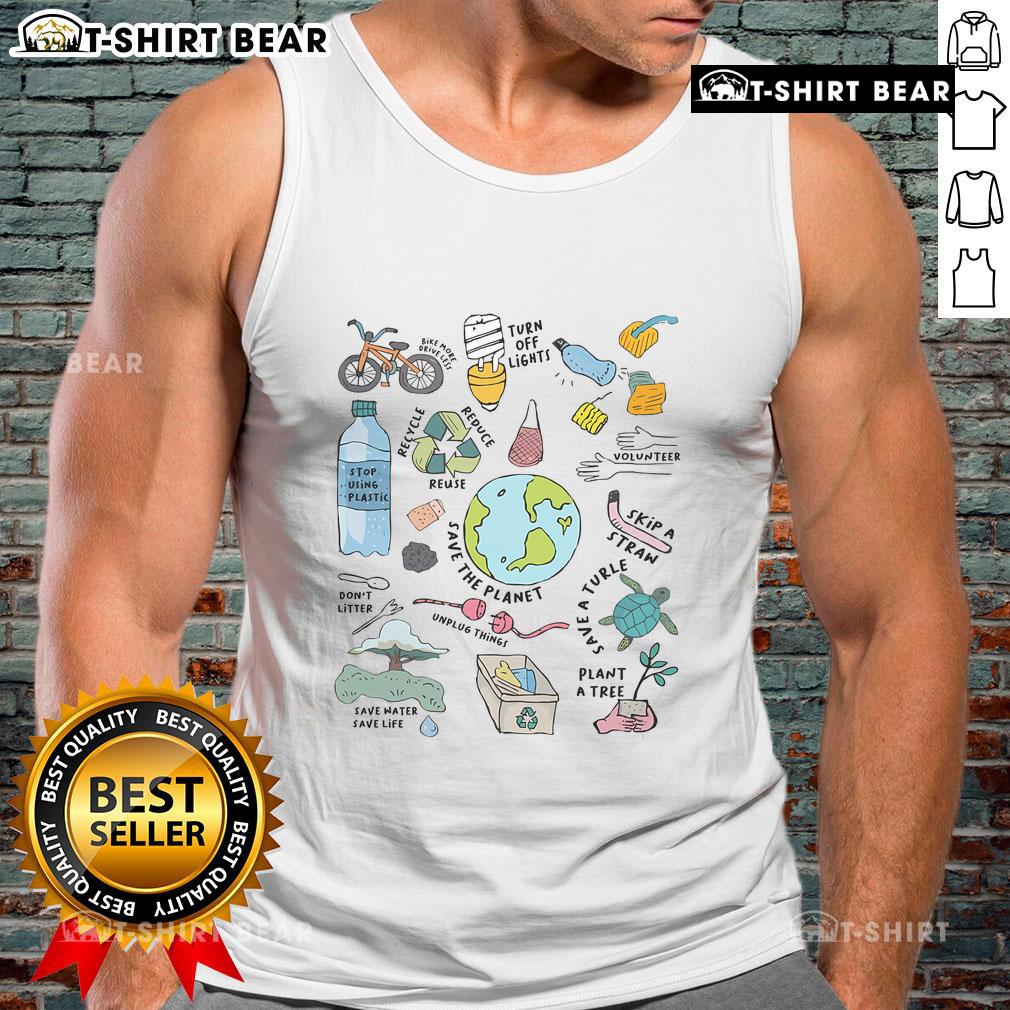 Pretty Earth Day environmental tank top promoting save the planet message with vibrant nature graphics.