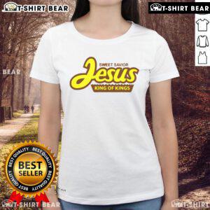 Alt Text: Pretty Sweet Savior Jesus King of Kings ladies tee featuring a stylish design and vibrant colors for women's fashion.