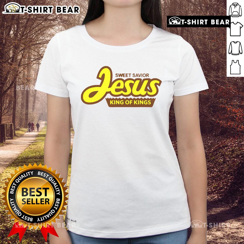 Alt Text: Pretty Sweet Savior Jesus King of Kings ladies tee featuring a stylish design and vibrant colors for women's fashion.
