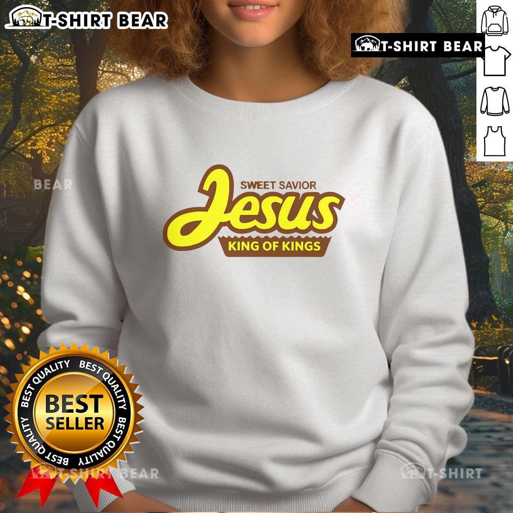 Pretty Sweet Savior Jesus King of Kings sweatshirt in soft fabric, featuring a bold graphic design of Jesus Christ.