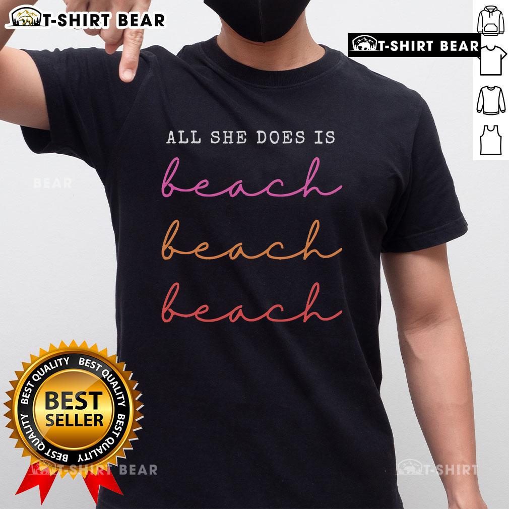 Alt Text: Top All She Does Is Beach Repeat T-Shirt featuring a fun beach-themed design perfect for summer outings.