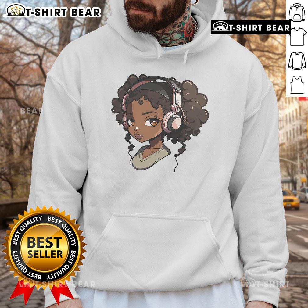 Stylish Black girl in Afro wearing anime merch hoodie, showcasing vibrant colors and trendy designs for anime fans.