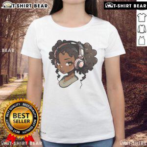 Alt Text: Black girl wearing anime-themed tee, showcasing Afro hairstyle, perfect for anime and music lovers.