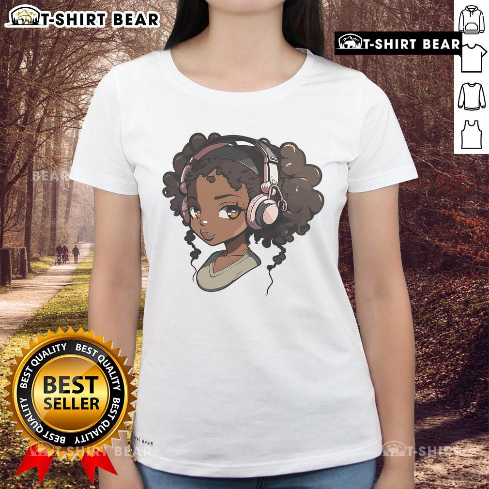 Alt Text: Black girl wearing anime-themed tee, showcasing Afro hairstyle, perfect for anime and music lovers.