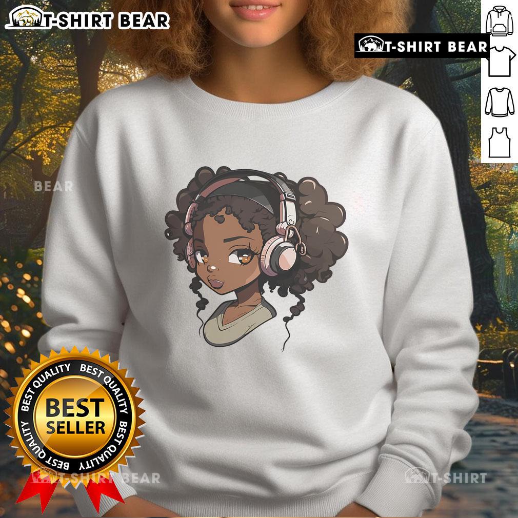 Stylish black girl wearing an Afro-themed anime sweatshirt, showcasing top anime and music inspired African American merch.