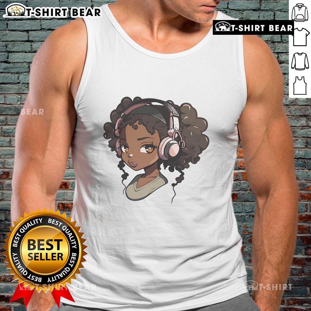 Black girl anime merch featuring a stylish tank top with Afro design, perfect for anime and music lovers.