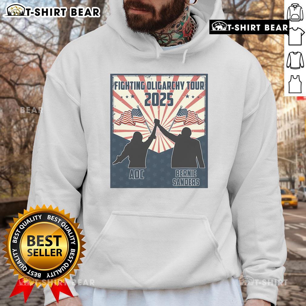 Top Bernie Sanders AOC fighting oligarchy anti-Trump women's hoodie featuring bold graphics and a stylish design.