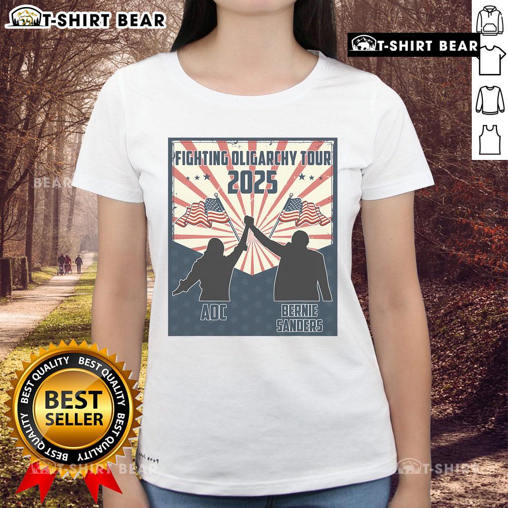 Top Bernie Sanders AOC fighting oligarchy anti-Trump women's tee featuring bold graphics and activist slogans.