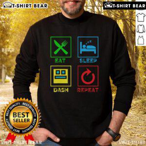 Cozy sweatshirt featuring 'Eat Sleep Dash Repeat' design for video gamers, perfect for gaming sessions.