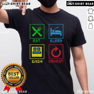 Top Eat Sleep Dash Repeat video game geometry design on a gamer T-shirt, perfect for gaming enthusiasts and fans.