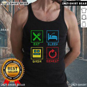 Player wearing a 'Eat Sleep Dash Repeat' tank top, showcasing passion for Geometry video games and gaming culture.