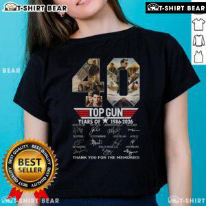 Top Gun 40 Years Ladies Tee celebrating 1986-2026, featuring a nostalgic design and tribute to the iconic film.