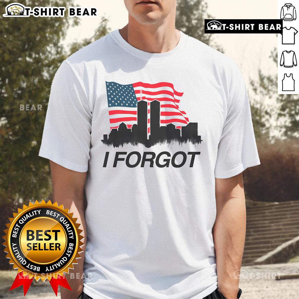 Top I Forgot Twin Towers City Skyline T-Shirt featuring an American flag, perfect for patriotic fashion enthusiasts.