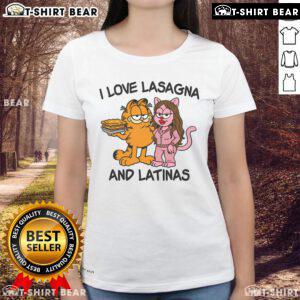 Garfield-themed 'I Love Lasagna and Latinas' ladies tee, showcasing vibrant graphics and fun design for casual wear.