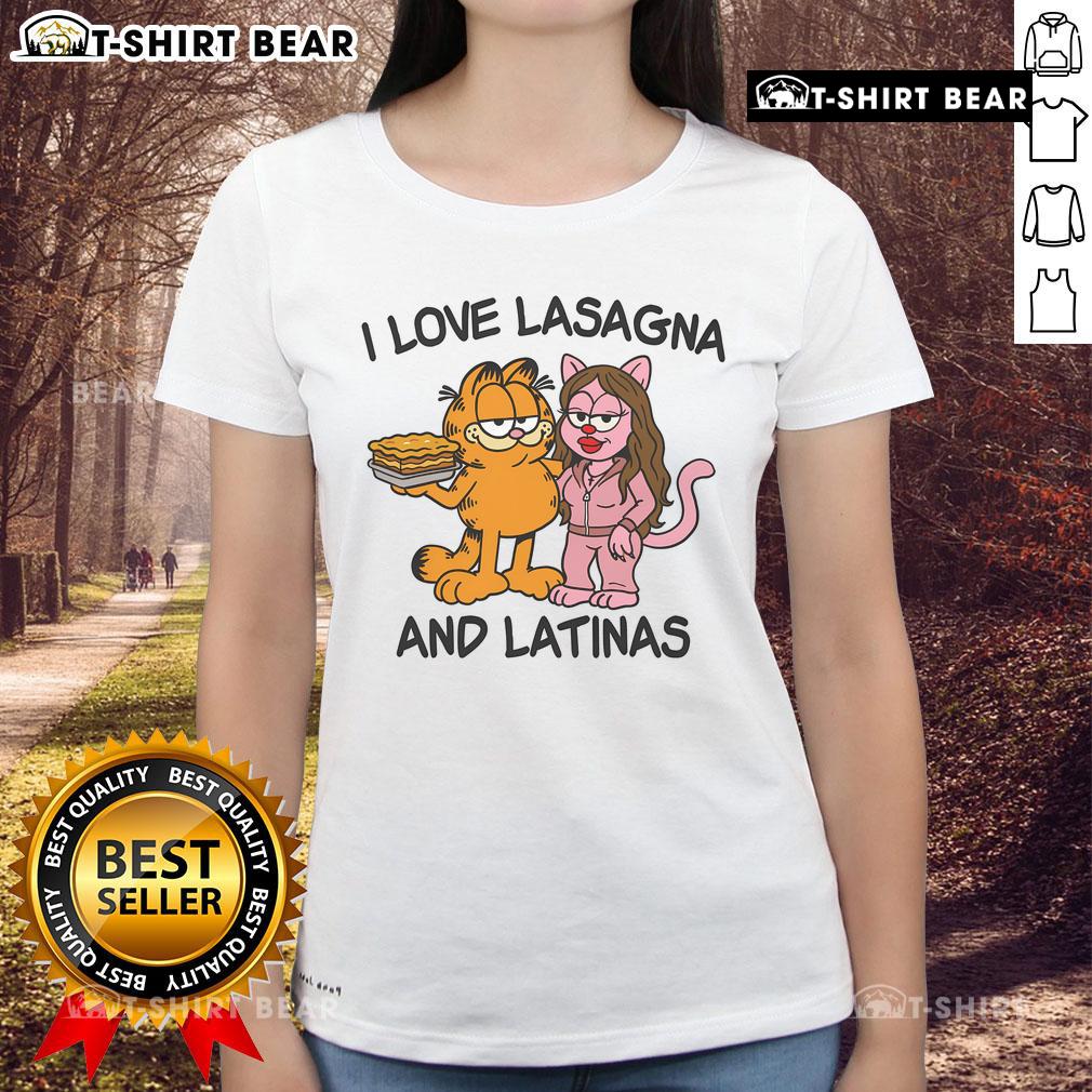 Garfield-themed 'I Love Lasagna and Latinas' ladies tee, showcasing vibrant graphics and fun design for casual wear.