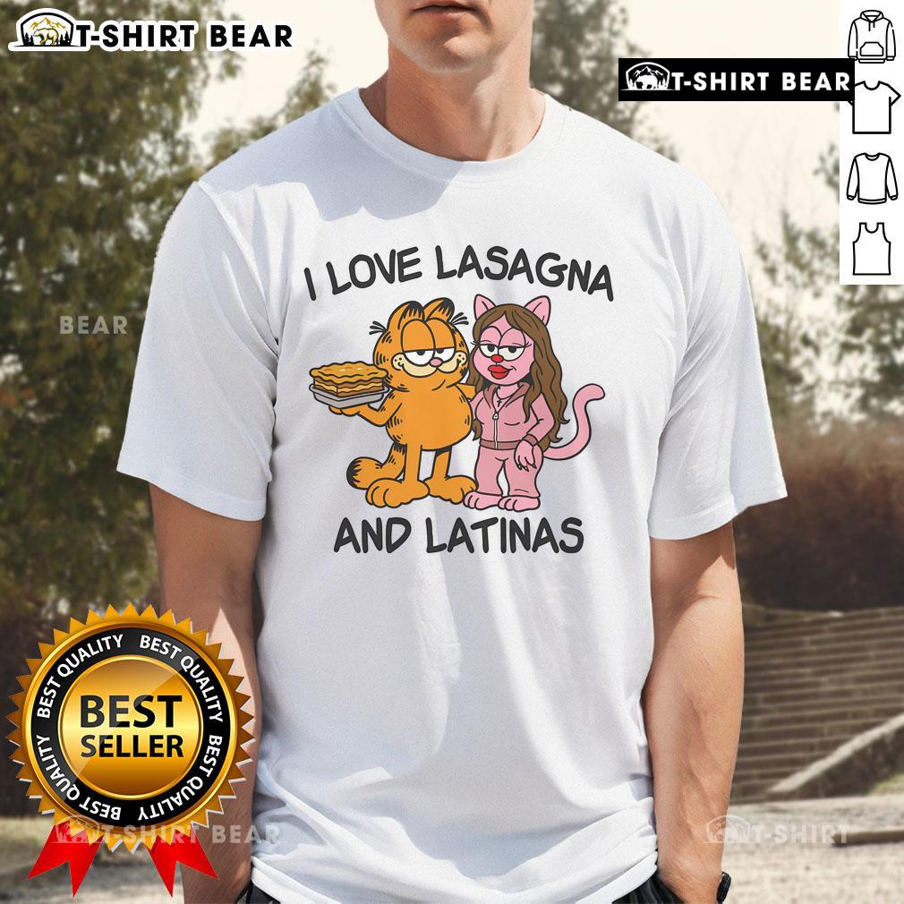 Alt Text: Top I Love Lasagna And Latinas Garfield T-Shirt featuring a playful graphic of Garfield enjoying lasagna.