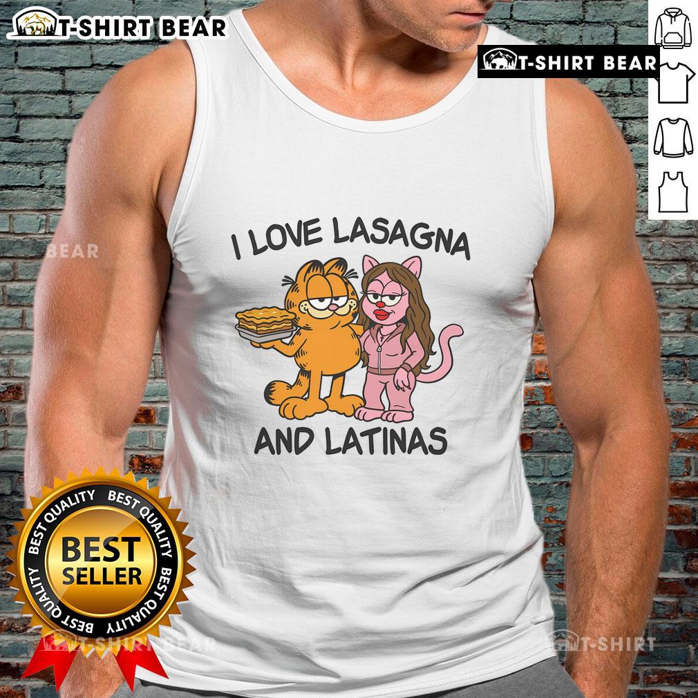 Garfield tank top featuring 'I Love Lasagna and Latinas' design, perfect for casual wear and fans of the cartoon character.