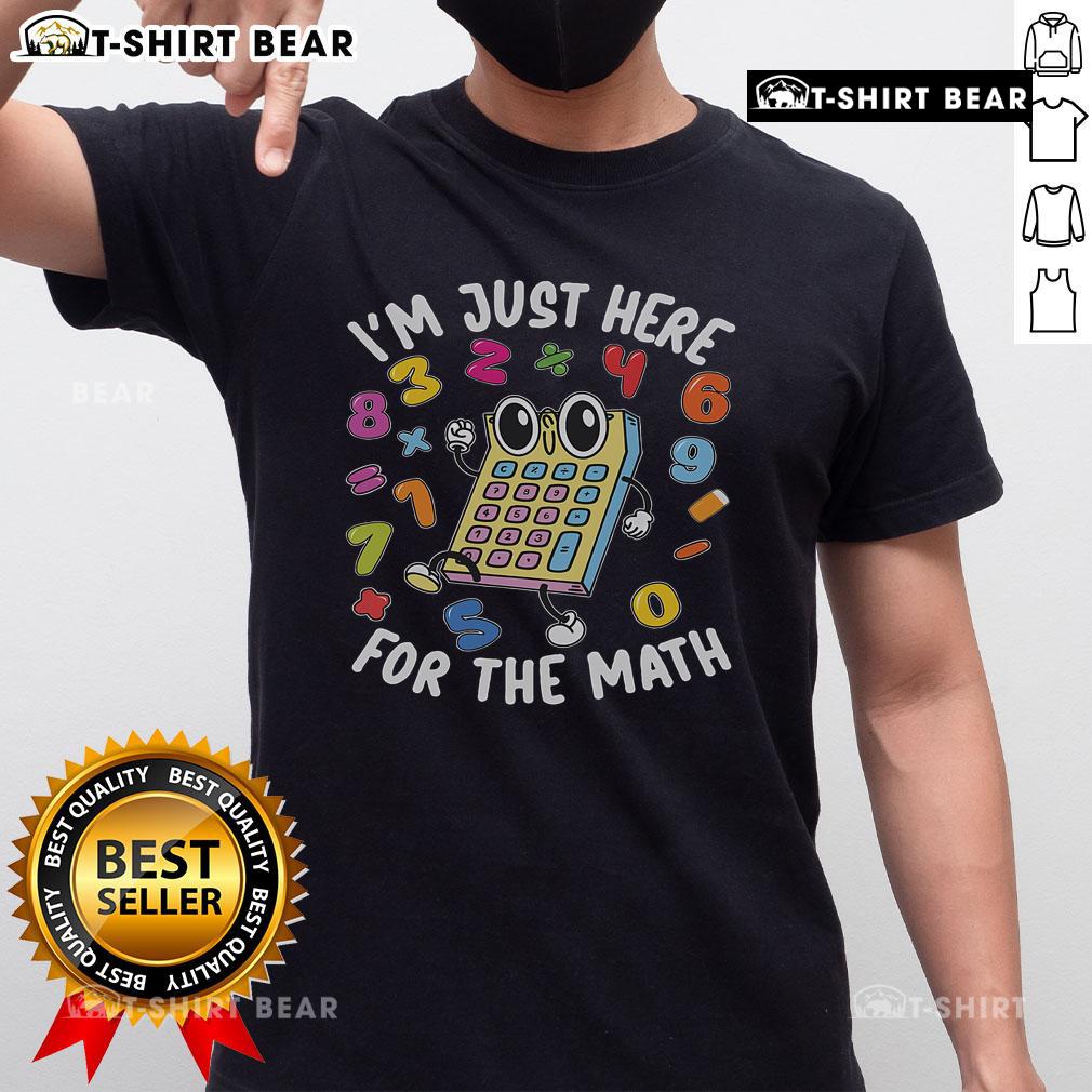 Alt Text: Top I'M Just Here For The Math Number Day T-Shirt featuring a calculator design for Maths Day enthusiasts.