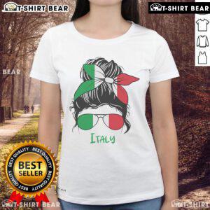 Top Italian girl wearing a stylish ladies tee with the Italy flag, celebrating Italian culture and fashion.