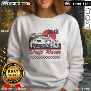 Top JDM Tokyo Japan drift race car tuning retro vintage sweatshirt design featuring iconic racing graphics and vibrant colors.