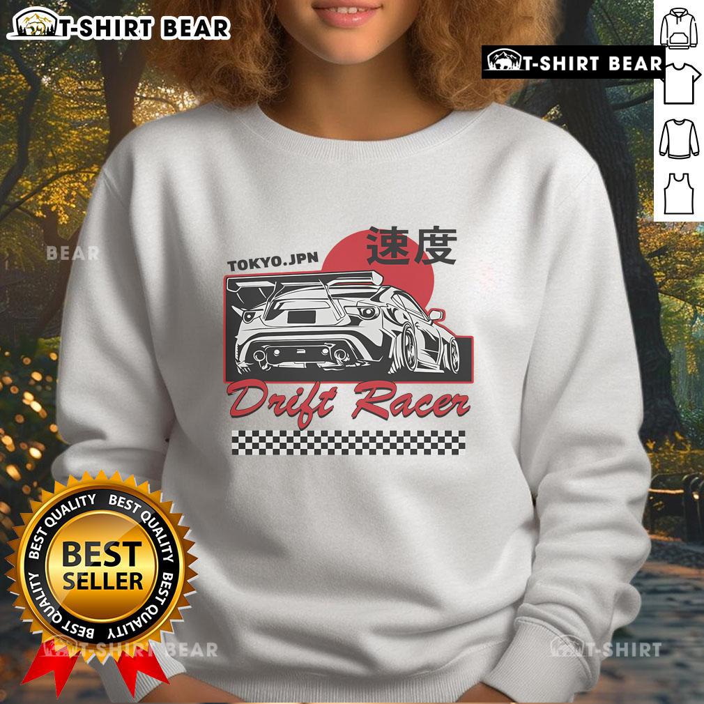 Top JDM Tokyo Japan drift race car tuning retro vintage sweatshirt design featuring iconic racing graphics and vibrant colors.