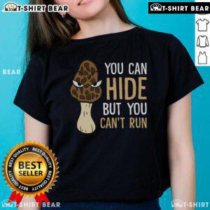Top Morel Mushroom Hunter tee for ladies featuring a fun hide-and-seek design, perfect for mushroom foraging enthusiasts.