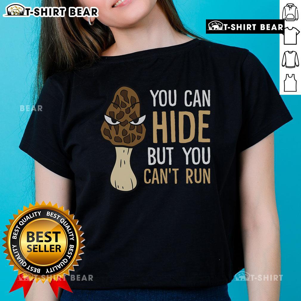 Top Morel Mushroom Hunter tee for ladies featuring a fun hide-and-seek design, perfect for mushroom foraging enthusiasts.