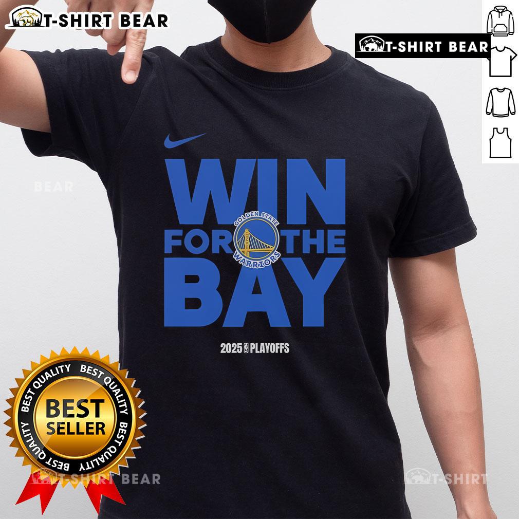 Golden State Warriors logo on a 2025 T-shirt celebrating top NBA playoffs win for the Bay Area team.