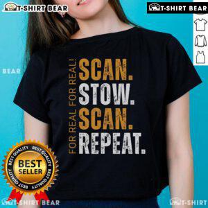 Alt Text: Top Scan Stow Scan Repeat Warehouse Worker Ladies Tee featuring a stylish design for female warehouse staff.