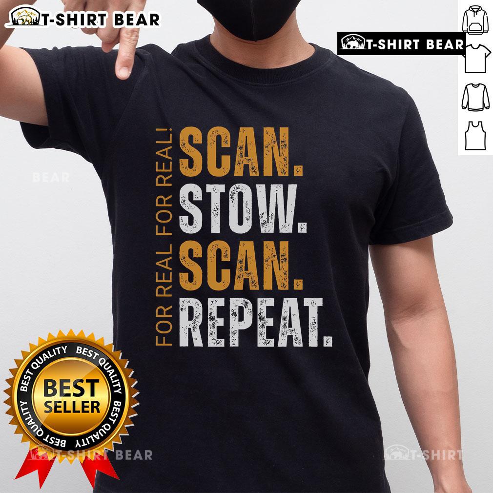 Top Scan Stow Scan Repeat Warehouse Worker T-Shirt featuring a catchy slogan for logistics and warehouse professionals.