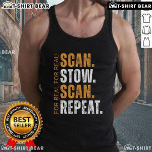 Warehouse worker wearing 'Top Scan Stow Scan Repeat' tank top, showcasing efficient logistics and inventory management.