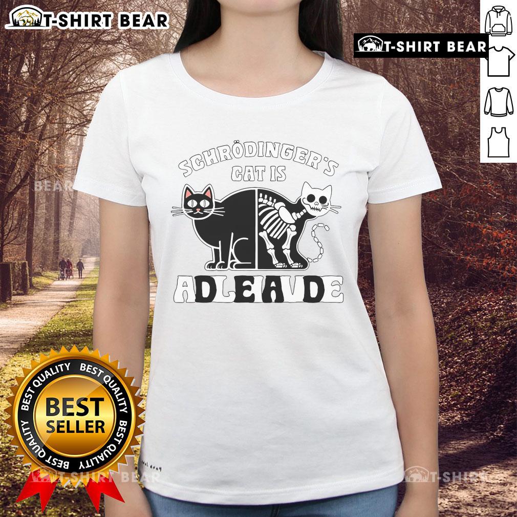Top Schrodinger's Cat Dead and Alive Quantum Physics Ladies Tee featuring playful cat design for science enthusiasts.