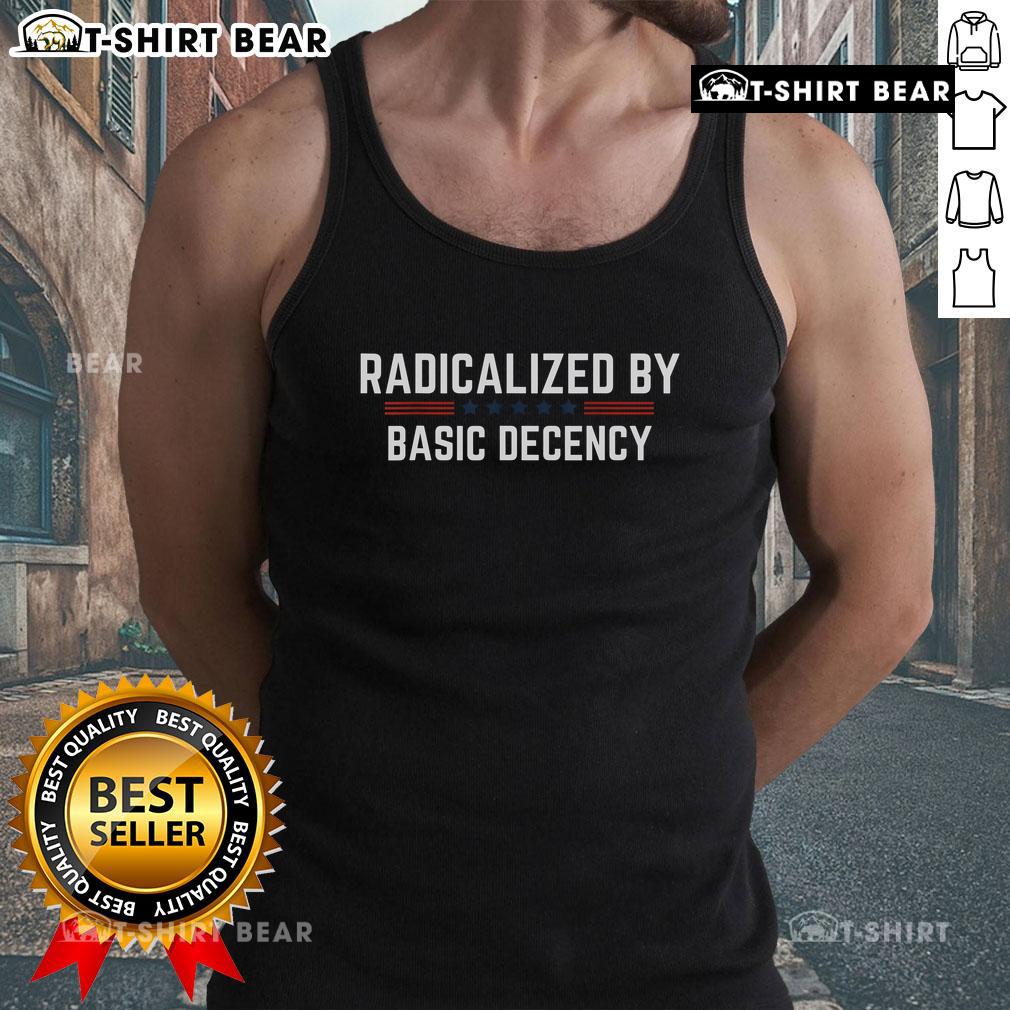 Alt Text: Top Stars and Stripes tank top featuring a bold political statement on basic decency in vibrant colors.