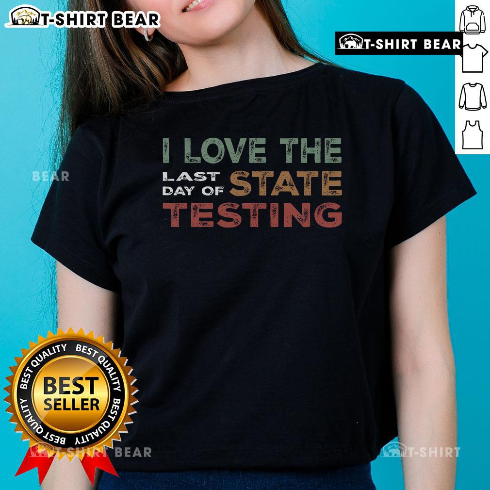 Cute student celebrating the end of Top State Testing Week in a fun ladies' tee, showcasing school spirit and joy.