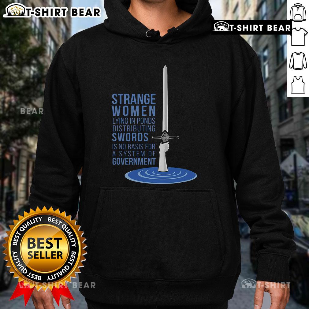 Strange women lying in ponds distributing swords on a hoodie, humorously challenging government systems and authority.