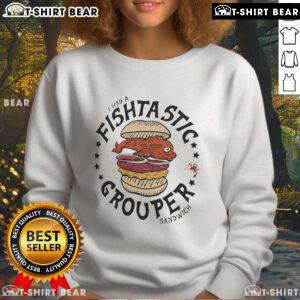 Alt Text: Top Tampa Bay Buccaneers sweatshirt featuring Guy Fieri's Flavortown, showcasing a 'Fishtastic' grouper sandwich.