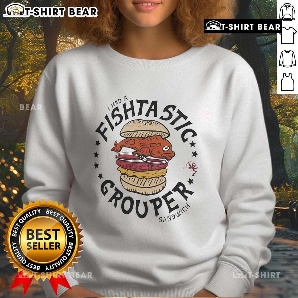 Alt Text: Top Tampa Bay Buccaneers sweatshirt featuring Guy Fieri's Flavortown, showcasing a 'Fishtastic' grouper sandwich.