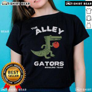 Alt Text: Top The Alley Gators Bowling Team Ladies Tee featuring vibrant graphics and a comfortable fit for bowling enthusiasts.
